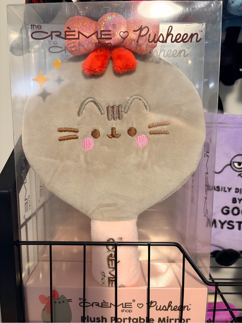 Pusheen Plush Hand Mirror with Pink Bow & Gray Face